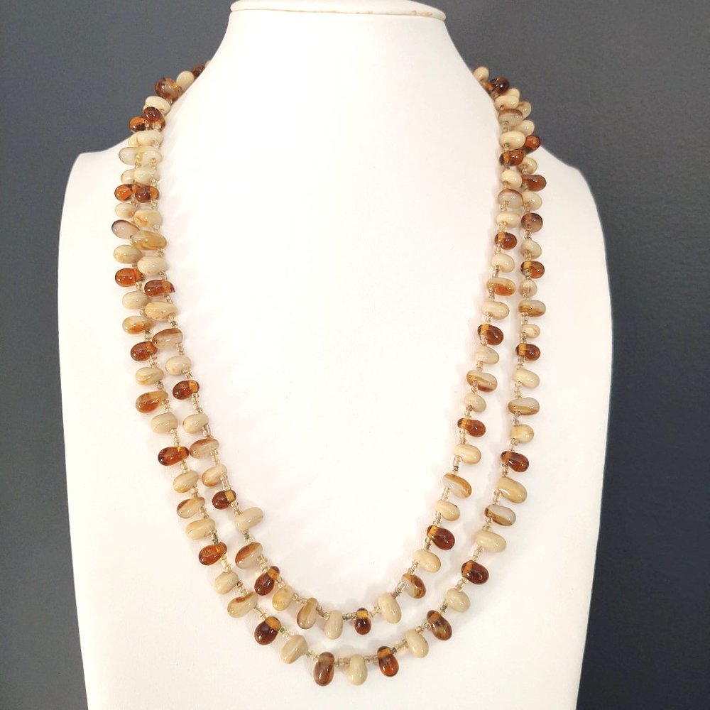 Honey, amber, beige, cream and cognac glass beaded necklace w/seed bead …